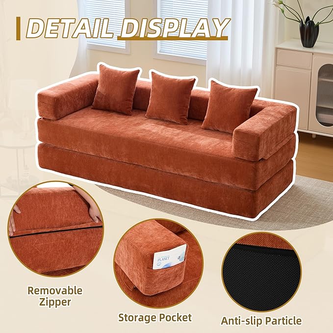 Convertible Floor Sofa Bed with Storage Pocket, Chenille Folding Mattress Sofa with Zipper Closure, Floor Lounge Couch for Living Room, Bedroom, Studio -Burnt Orange
