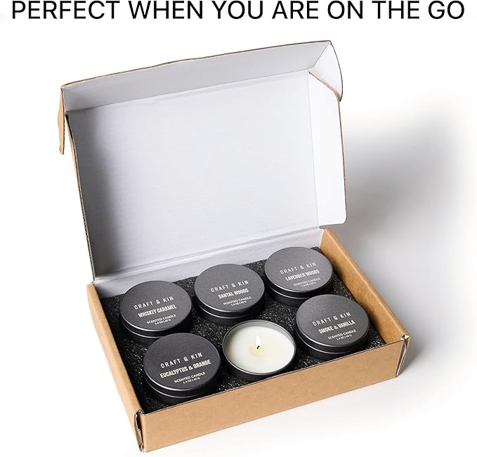 Craft & Kin Christmas Scented Votive Candle Gift Set of 6 | Small Luxury Scented Candles Holiday Gift Set for Home | Candle Box with Assorted Scents | 15–20 Hour Burn Each
