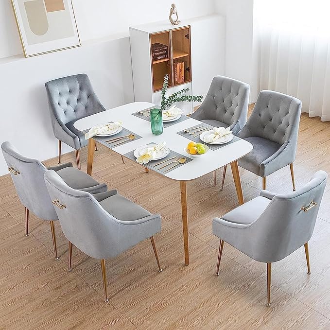 Modern Dining Chairs Set of 6, Mid Century Dining Chairs with 5.12” Cushions and Golden Legs, Velvet Upholstered Chairs with Back Pull Rod, for Kitchen, Living Room, Grey