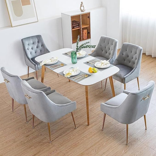 Modern Dining Chairs Set of 6, Mid Century Dining Chairs with 5.12” Cushions and Golden Legs, Velvet Upholstered Chairs with Back Pull Rod, for Kitchen, Living Room, Grey