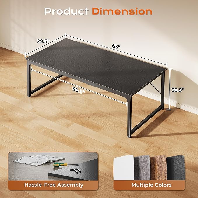 PRAISUN 63 X 29.5 Inch Computer Desk with Deeper Desktop, Gaming Office Writing Work Desk for Home Office, Study, Bedroom, Work from Home, Metal Frame, Black