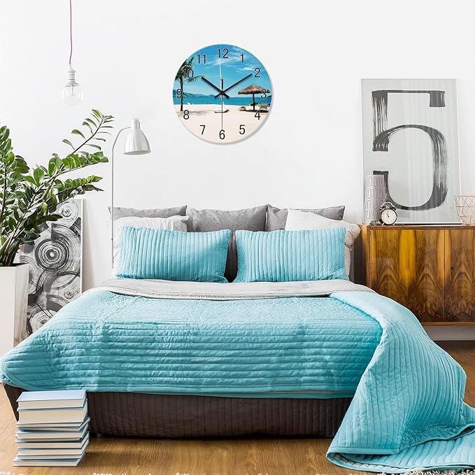 XFM Blue Beach Wall Clock 16 Inch Silent Non Ticking Wall Clocks Battery Operated Tropical Hawaii Coastal Wall Clock for Living Room Bedroom Home Office Decor