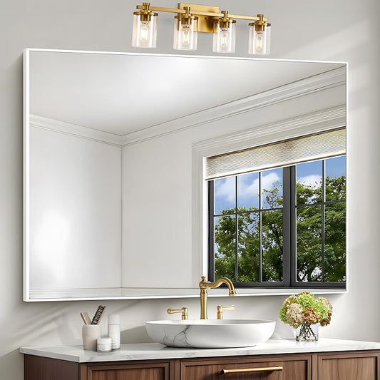 BONEWEI White Bathroom Mirror,36x48 inch Wall Mirror for Bathroom Wall Mounted,Large Rectangle Mirror for Bathroom Over Sink,Modern Metal Frame for Living Room,Bedroom Entryway,Horizontal/Vertical