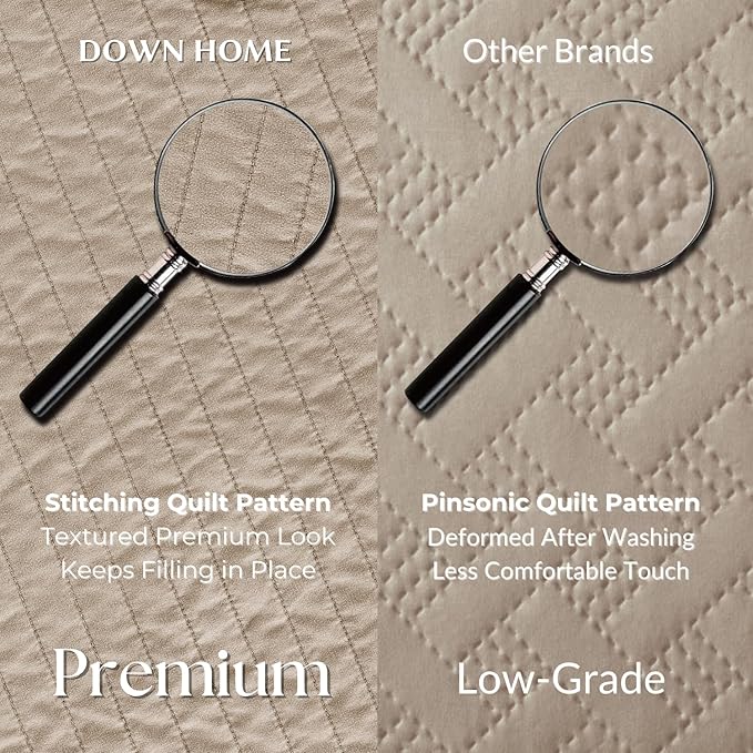 DOWN HOME Twin Quilt Bedding Set with Sham, Vintage Washed Soft Quilted Blanket Thin Comforter Lightweight Bedspread Coverlet Bed Cover, Brushed Microfiber Stripe Stitching, Brown, 66"x92"