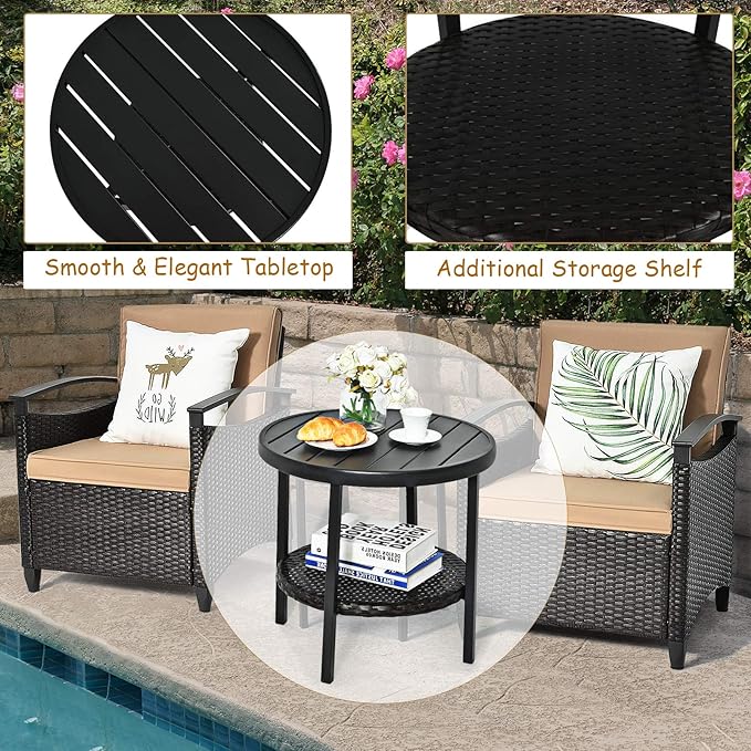Tangkula 3 Piece Rattan Sofa Set, Patio Conversation Bistro Set w/Coffee Table, Seat and Back Cushions, Sturdy Steel Frame, Outdoor Furniture Set for Garden, Backyard, Balcony, Poolside
