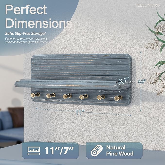 Rebee Vision Pine Wood Key Holder Wall Mount for Home Organization Accent – Wooden Key Holder for Wall with 6 Hooks & Floating Shelf - Elegant Room Decor Aesthetic (Royal Blue)