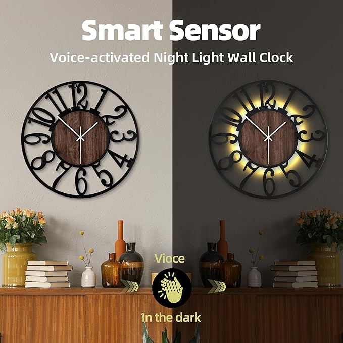 20 Inch Large Metal Wall Clock with Voice and Light Sensor Night Light, Glow in The Dark Non-Ticking Silent Battery Operated Decorative Oversized Wall Clock for Bedroom Living Room Decor