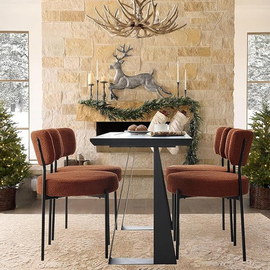 Brown Boucle Dining Chairs Set of 4, Upholstered Dinner Chair with Metal Frame, Dining Room Chairs with Padded Seat, Round Modern Seating for Living Room