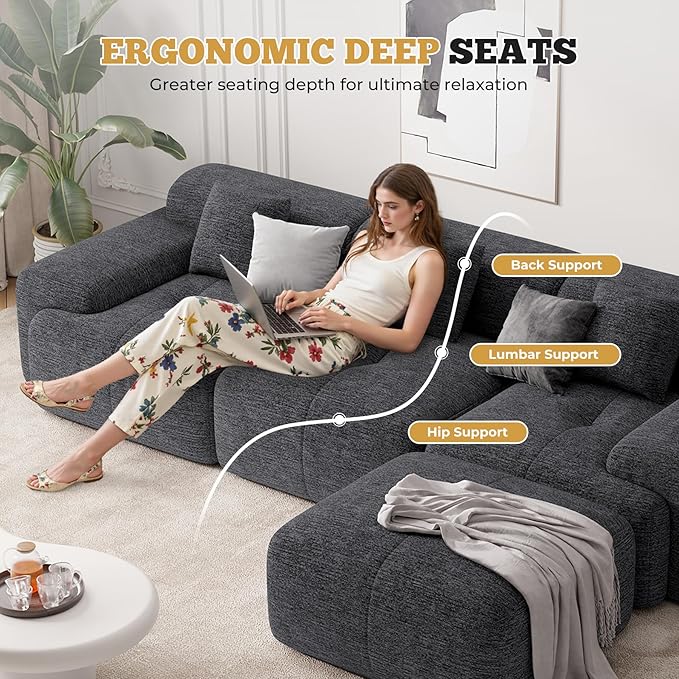 158" Modern U Shaped Modular Sectional Sofa, Boneless Couches for Living Room,6 Seater Convertible Chenille Cloud Couch Sofa Set, No Assembly Required, Grey-Black 1 PCS