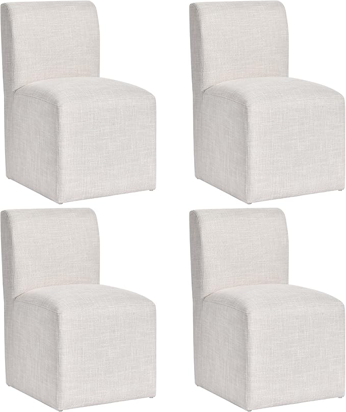 DUHOME Upholstered Dining Chair with Casters - Set of 4, Armless Modern Rolling Linen Dining Chairs with Wheels for Dining, Bedroom, Reading, Living Room