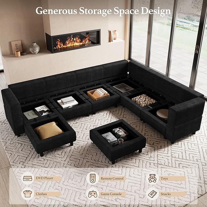 Modular Sectional Sofa 7 Seat U Shaped Couch with Storage Ottoman,Sectional Couches for Living Room,Corduroy Modular Couch in Black