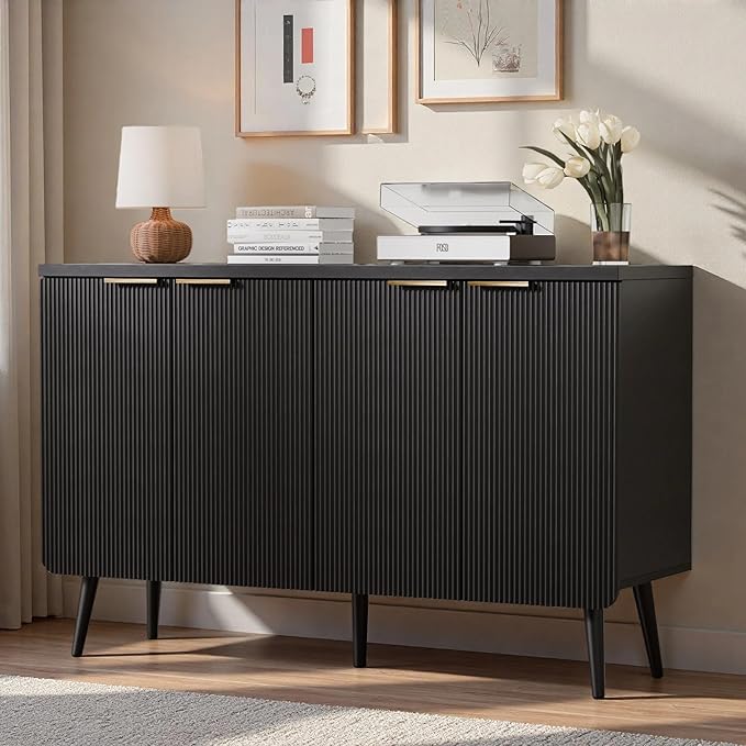 4-Door Fluted Sideboard Buffet Cabinet, 47" Large Storage Cabinet with Shleves, Wood Modern Accent Credenza Kitchen Table for Dining Room, Living Room & Entryway, Black
