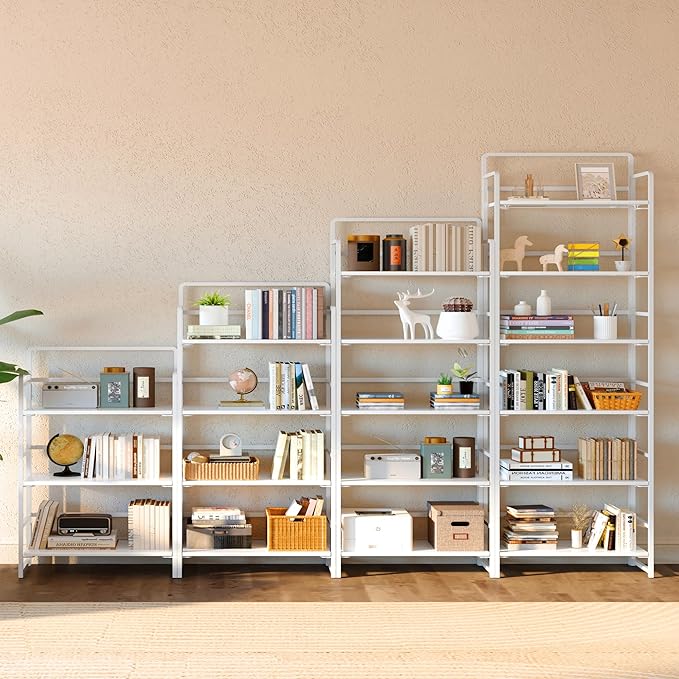 4NM No Assembly 6 Tiers Folding Bookshelf Storage Shelves Vintage Bookcase Standing Racks Study Organizer Home Office (All White)