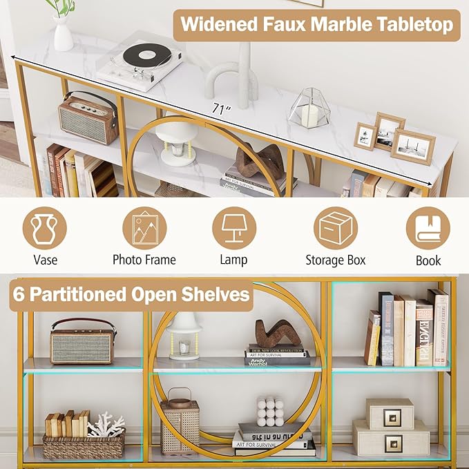 Giantex Narrow Long Console Table, 3-Tier Entryway Table with Faux Marble Top & Heavy-Duty Metal Frame, Mid-Century Accent Sofa Tables with Open Storage Shelves for Living Room, Hallway(White+Gold)