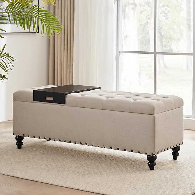 HUIMO 51-inch Storage Ottoman Bench with Removable Tray, Bedroom Bench with Button-Tufted, Safety Hinge Ottoman in Upholstered Fabrics, Large Long Bench for Living Room, Bedroom (Beige)