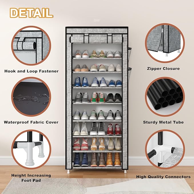 Calmootey 9 Tier Shoe Rack Organizer,Portable Shoe Shelf with Nonwoven Fabric Cover for Closet Hallway,Bedroom,Entryway, Ash Grey