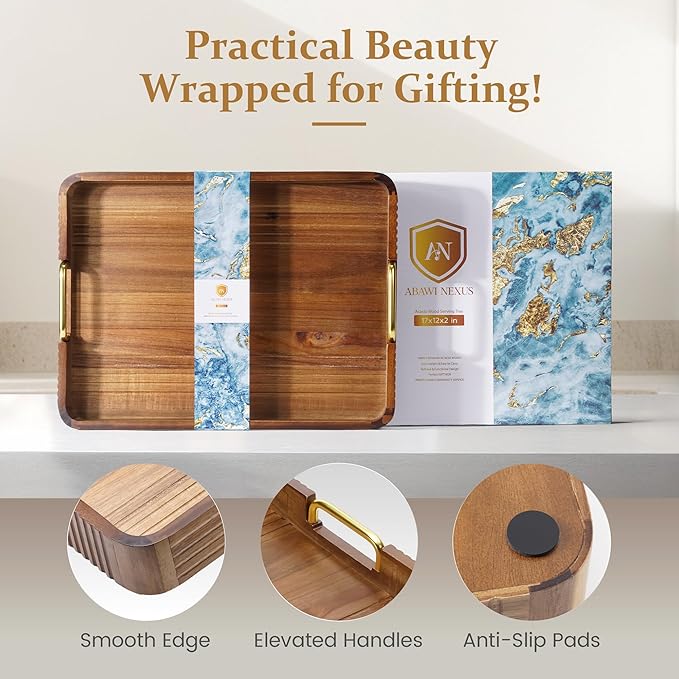 Acacia Wood Serving Tray with Metal Handles – 17x12in Rustic Decorative Ottoman & Coffee Table Tray for Breakfast in Bed, Dinner, Bar, Kitchen, Home Décor & Entertaining