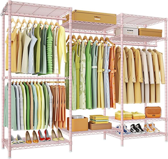 Ulif E13 Heavy Duty Clothes Rack（With 4 Hanger Rods & 8 Shelves） Freestanding Clothing Racks for Hanging Clothes，Adjustable Closet Organizer，Metal Garment Rack 63" W x16 D x77 H，Max Load 900LBS，Pink