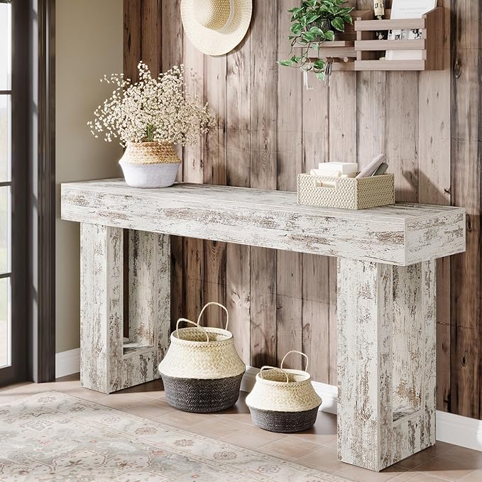 Tribesigns 63-Inch Long Console Table, Farmhouse Wooden Sofa Table Behind The Couch, Narrow Entryway Table for Entrance, Hallway, Living Room (Distressed White)