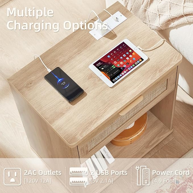 LEYAOYAO Boho Rattan Coffee Table Sets 2 Pieces, Nightstand with Charging Station and Coffee Table with Hidden Storage Compartment, Natural Living Room Table Set, Wood Furniture Sets for Home Office