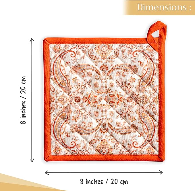 Maison d' Hermine Pot Holders Set 100% Cotton Heat Resistant Potholders 8" x 8" Hot Pads with Loop for Thanksgiving Christmas Decorations BBQ Cooking Baking Handling Hot Pans (Pack of 2, Cachemire)