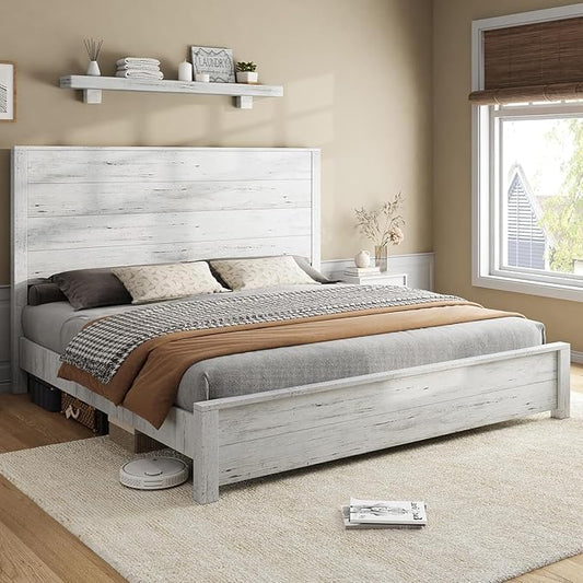 AMERLIFE King Size 51.2" Wood Bed Frame, Rustic Platform Bed with Spliced Headboard, Wood Slats Support/No Box Spring Needed/Noiseless/Antique White