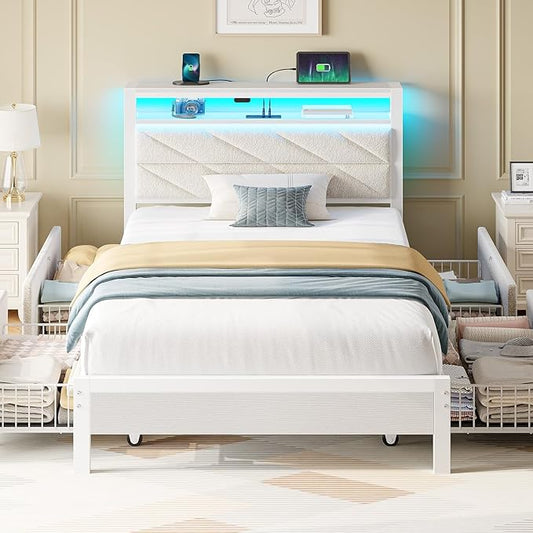 Seventable Twin Bed Frame with 4 Storage Drawers, Charging Station & LED Lights, Upholstered Headboard with 2-Tier Shelves, Metal Platform Bed, No Box Spring Needed, Noise-Free, White