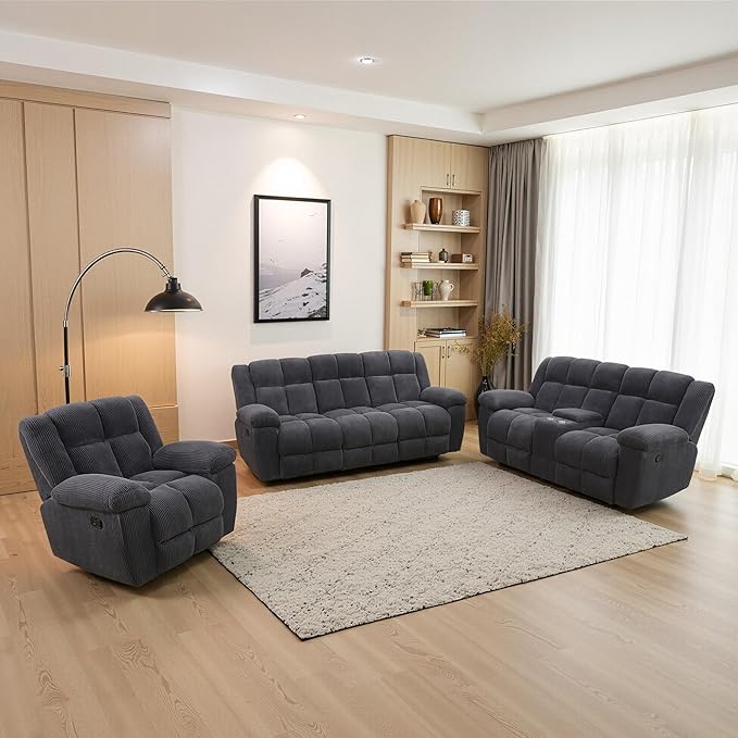 Manual Recliner Sofa Set,Fabric Reclining Couch Set,Modern Living Room Furniture Set,Reclining Sofa Couch Chair for Living Room Home Office (Dark Grey Upgraded Version, 3PCS Set)