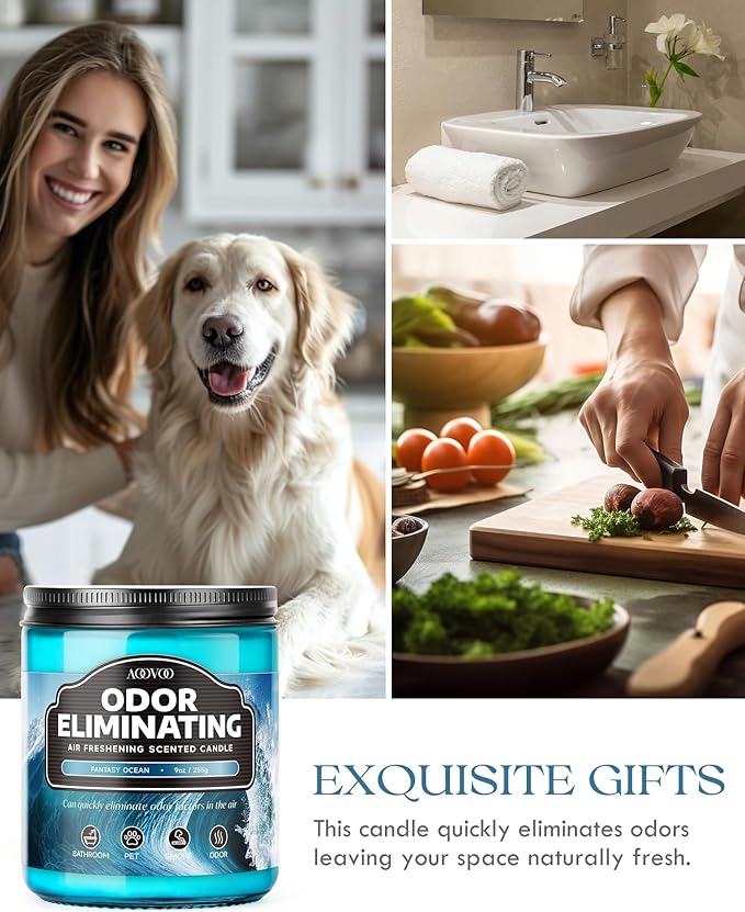 AOOVOO Fantasy Ocean Odor Eliminating Highly Fragranced Candle - Eliminates 95% of Pet, Smoke, Food, and Other Smells Quickly, Air Freshing Soy Candle, 9 oz Up to 50 Hours Burn time