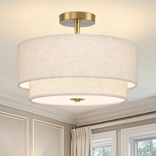 3 Light Semi Flush Mount Ceiling Light Fixture 15.7 Inch Modern Gold Drum Ceiling Light Fixture with 2-Layer Fabric Shade Dimmable Close to Ceiling Light for Living Room Hallway Bedroom Entryway