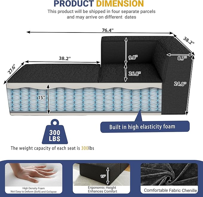 76" Sectional Compressed Sofa Modular Couches,High-Density Foam No Assembly Required, 2-Piece(1x Corner 1x Ottoman) for Living Room, Chenille Dark Gery