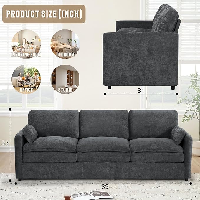 89" Chenille Soft Sofa w/Well-Filled Backrests, Modern Couch w/Plump Pillows, 3 Seater Upholstered Couch w/Thick & Comfy Cushions for Living Room, Bedroom, Grey