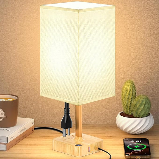 cozoo USB Bedside Table Desk Lamp with 2 USB Charging Ports and 2 AC Outlets,Dimmable Nightstand Lamp with Charger Base White Fabric Shade, LED Light Lamp for Bedroom/Nightstand/Living Room