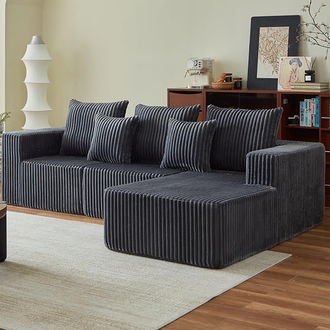 102" L-Shaped Couch for Living Room,Modular Sectional Cloud Couch with Ottoman,Boneless Sofa in A Box,Upholstered Couches for Bedroom,Beige Sofa with Oversized Chaise