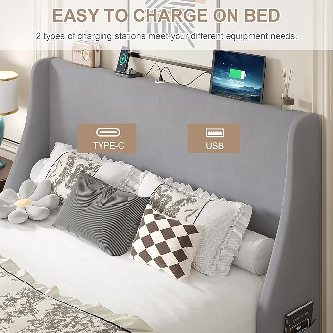 VECELO Full Bed Frame with Upholstered Wingback Headboard, Heavy-Duty Platform Bedframe with Charging Station, Wooden Slats, No Box Spring Needed, Light Grey