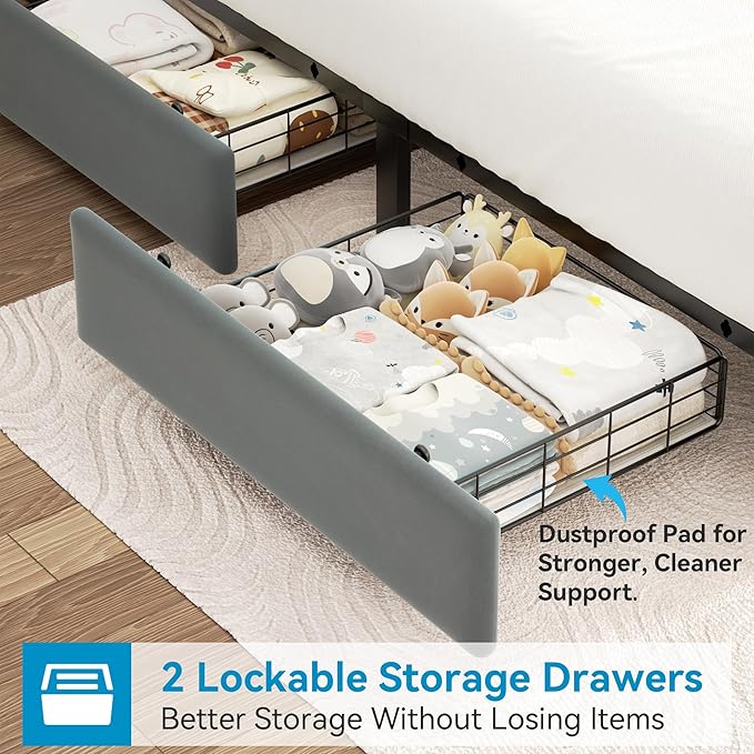 Queen Upholstered LED Bed Frame with 2 Storage Drawers and 2-Tier Storage Headboard, Velvet Platform Bed with Charging Station & Bookcase, Heavy Duty Metal Support, No Box Spring Needed, Grey