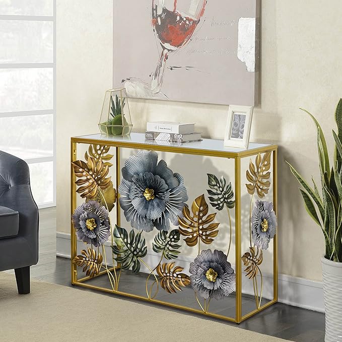 Console Table, Vintage Art Sofa Table with Metal Flower Decor, Narrow Entryway Tables with Glass Mirror Tabletop Behind Sofa, Narrow Accent Table for Entryway Living Room Hallway Bedroom