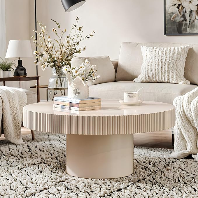 Round Coffee Table for Living Room, 30.71'' Modern Handcraft Drum Coffee Table Unique Fluted Coffee Tables Wood Center Table End Table for Small Space, Farmhouse Apartment Office (White Thin)