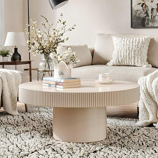 Round Coffee Table for Living Room, 30.71'' Modern Handcraft Drum Coffee Table Unique Fluted Coffee Tables Wood Center Table End Table for Small Space, Farmhouse Apartment Office (White Thin)