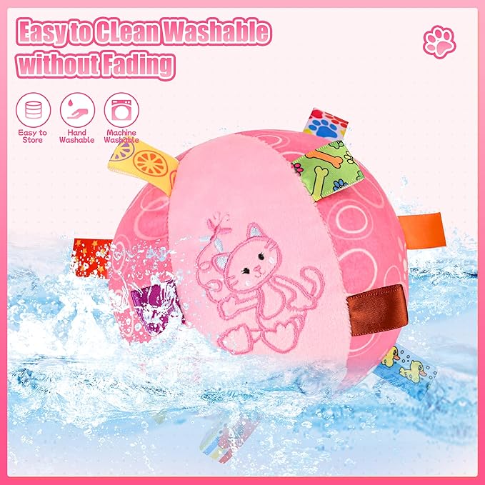 Dog Squeak Ball Toys with Tags, Interactive Dog Toys, Soft Stuffed Puppy Toys with Built-in Bell, Dog Chew Toys to Keep Them Busy for Small Medium Large Dogs - 6 Inches, Pink