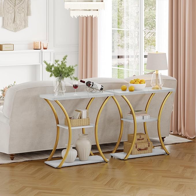 Hoctieon 3 Tier Console Table with Open Wood Shelves, Decorative Entryway Table with Curved Metal Frames, Narrow Sofa Table for Entrance, Living Room, Hallway, Gold and White Marbled