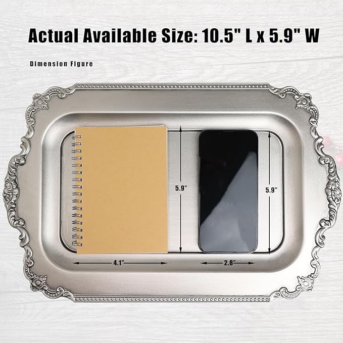 Set of 2 Matte Silver-Effect Plastic Decorative Trays for Coffee Table- Vintage Style (Actual Available Size: 10.5" L x 5.9" W)