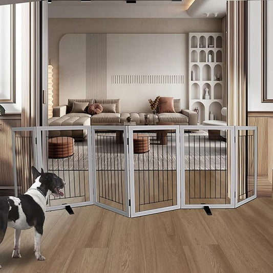 ZJSF Freestanding Dog Gate Indoor, Foldable Dog Fence for Doorways,Hallways or Stairs, Sturdy Wood Extra Wide Pet Gate with Support Feet,Grey,32 "Height-6 Panels