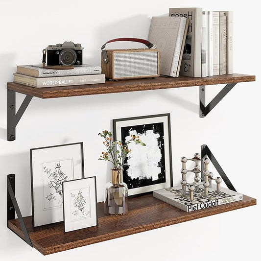 Axeman 24 Inch Floating Shelves | 8 Inch Deep Walnut Wall Shelves Set of 2 | 24W x 8D Rustic Wood Shelves for Bookshelf Living Room Bedroom Home Office Bathroom