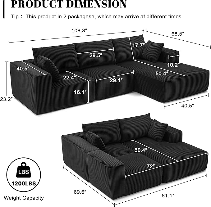 108” Modular Sectional Sofa, Cloud Sectional Couch with Deep Seat, Modern Modular L-Shape Sofa Couch with Chaise,Upholstered Boneless Couches for Living Room Bedroom (Black, Right Facing Chaise)