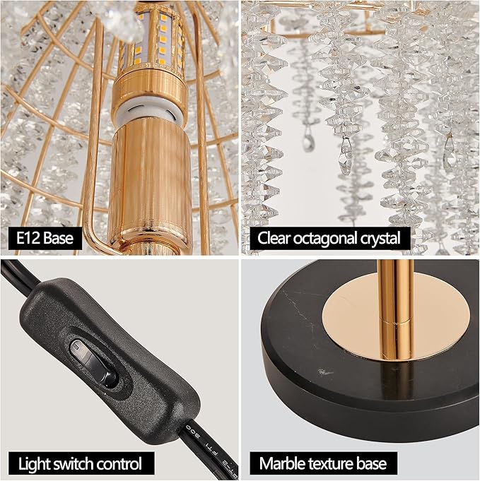 Vintage Style Floor Standing Lamp, Waterfall Design with Grape-Shaped Tall Gold Pole Light, Modern Dimmable Crystals Standing Lamps (Table Lamp-Gold+Iron-6)