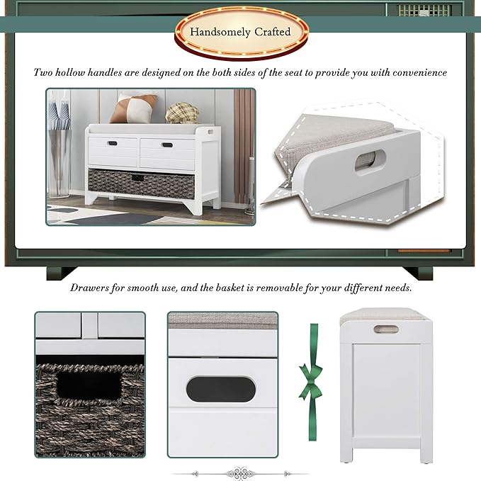 Fully Assembled Storage Bench with Cushioned Seat, 2 Drawers & Removable Basket, Solid Wood Entryway Shoe Bench for Bedroom, Hallway, Living Room (White)