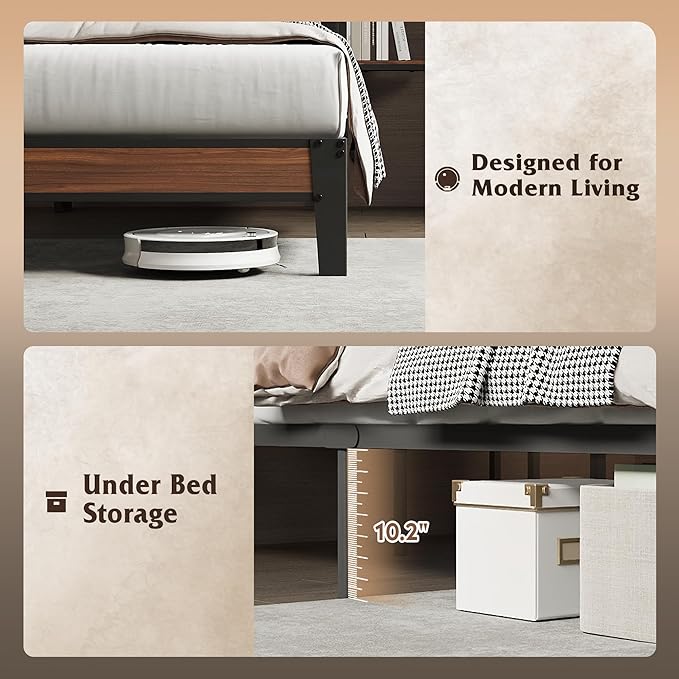 WLIVE Twin Size Upholstered Bed Frame with 2 Side Shelves, Linen Tufted Storage Headboard with Charging Ports and LED Light, Metal Solid and Stable, No Box Spring Needed, Easy Assembly, Brown