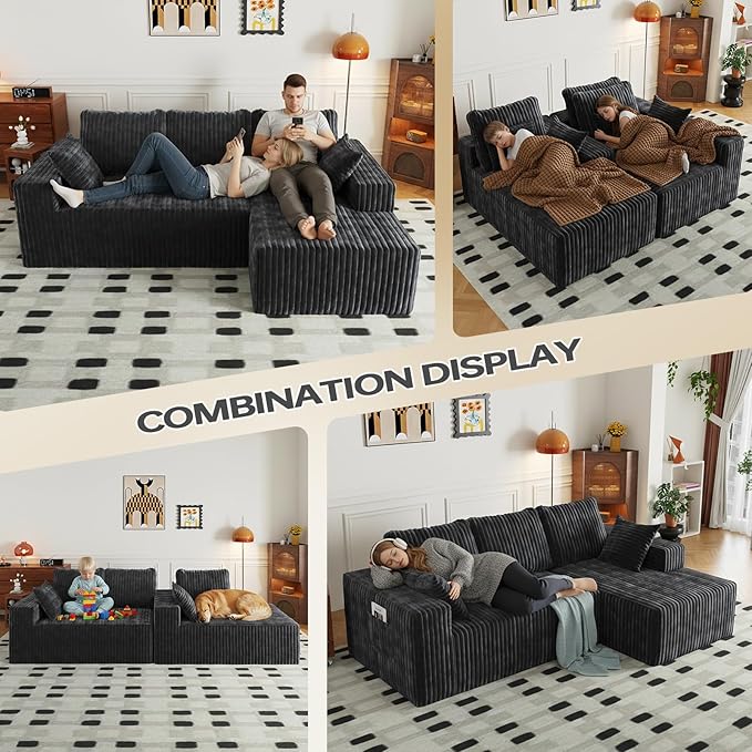 94" Cloud Sectional Couch with L-Shape Chaise,4 Seat Modern Modular Sofa with Side Pockets,Upholstered Couches for Living Room Bedroom, Boneless Couch,No Assembly Required