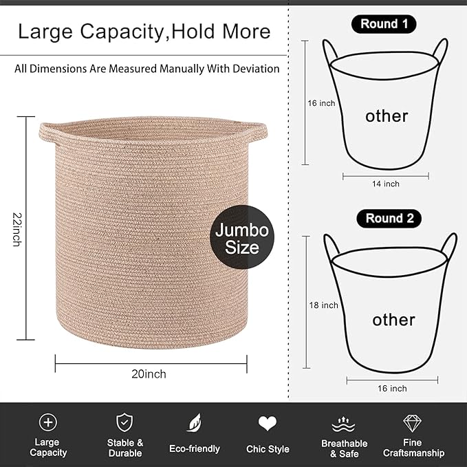 OIAHOMY 80L Laundry Hamper, Storage Basket with Handles, Laundry Basket For Toys, Pillows, Blankets,Clothes-20x18in-Brown